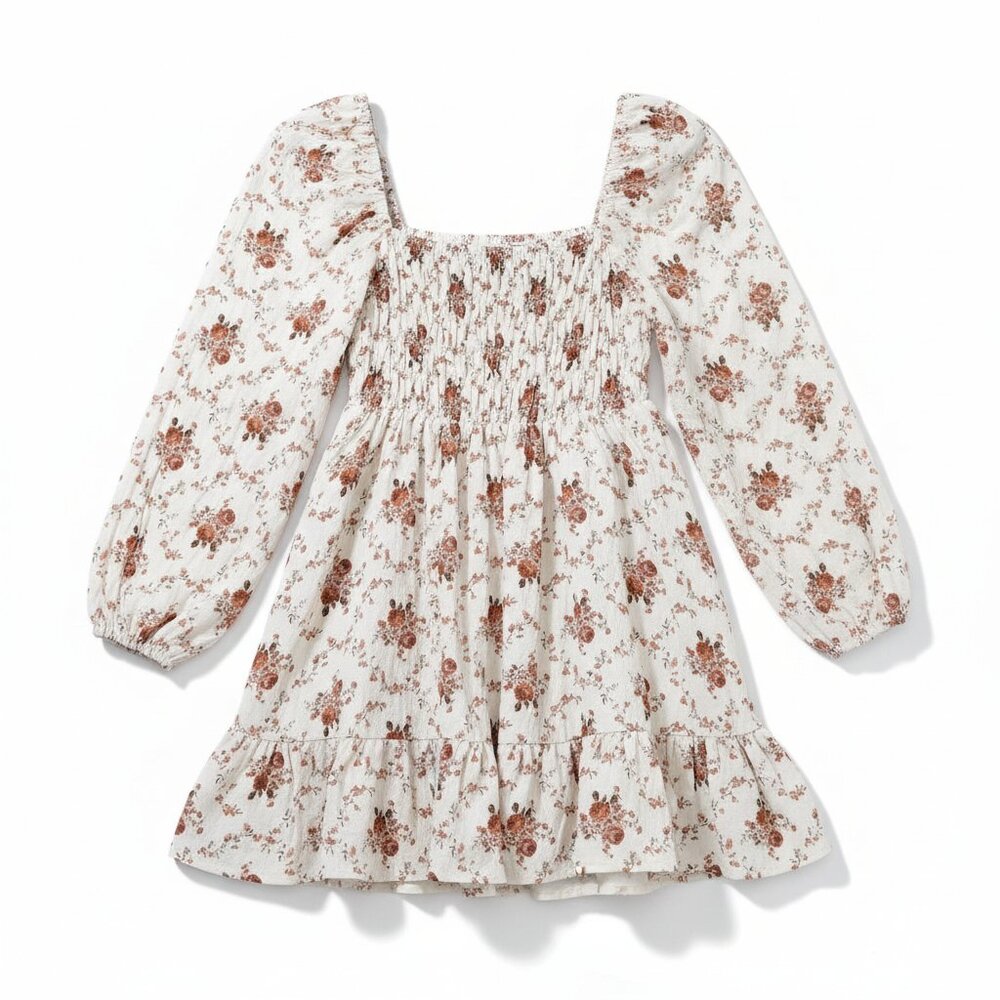 Altar'd State Eden Floral Mini Dress XS Cream Long Sleeve‎ Smocked